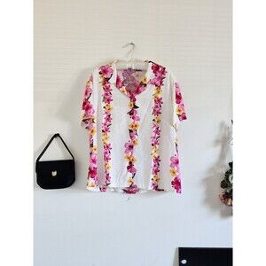 Vintage 90s Hawaiian Shirt Woman's XL Paradise Bay Made In Hawaii White Pink